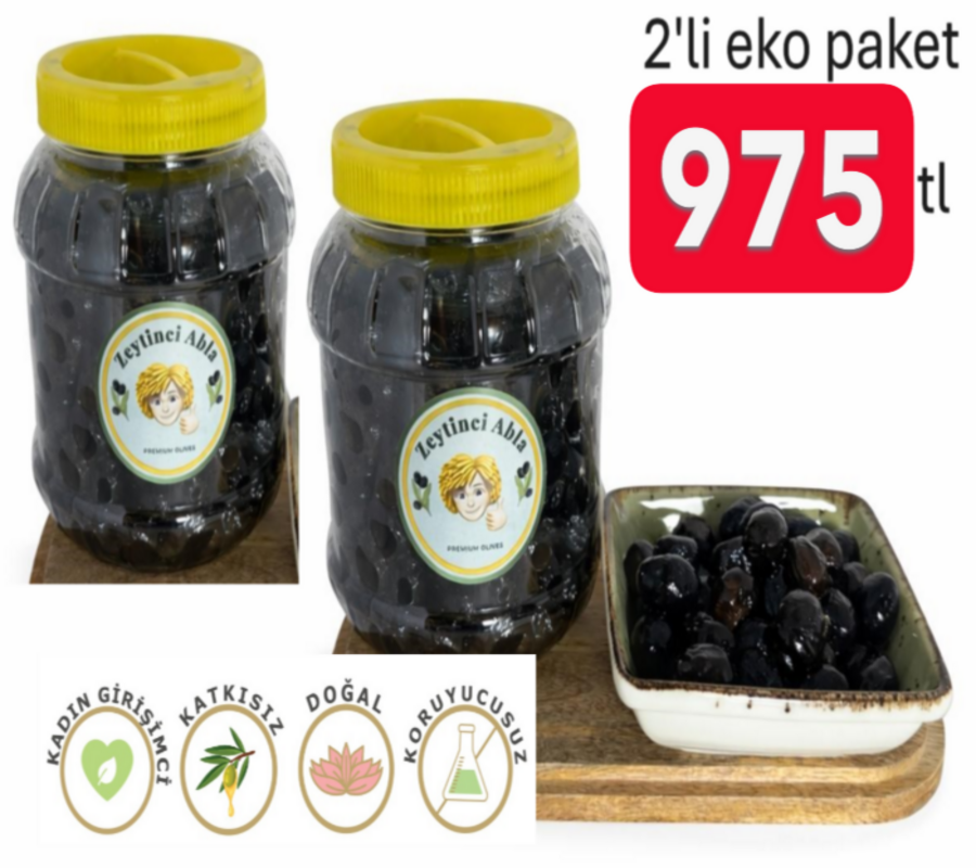 Organik(Yeni Sezon) 2'li Eko Paket Az tuzlu Yağlı Sele Çevirme Siyah Zeytin 1000 gr