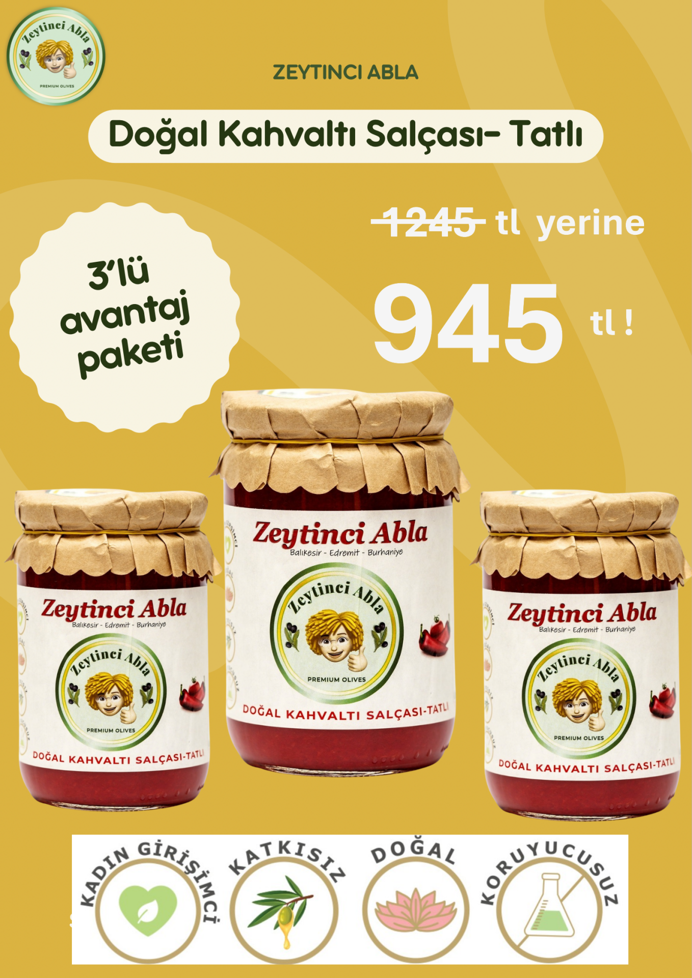 Kahvaltı Salçası 3'LÜ Eko Paket Tatlı - Ev Yapımı - Doğal & Katkısız   660  ml